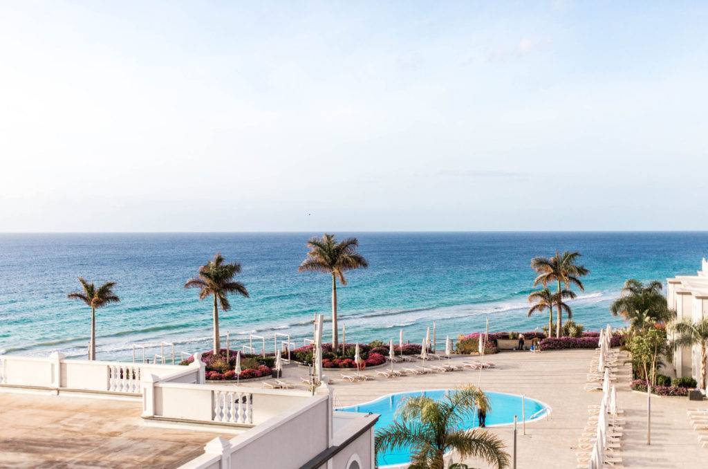 Resort by the sea with palm trees and a pool