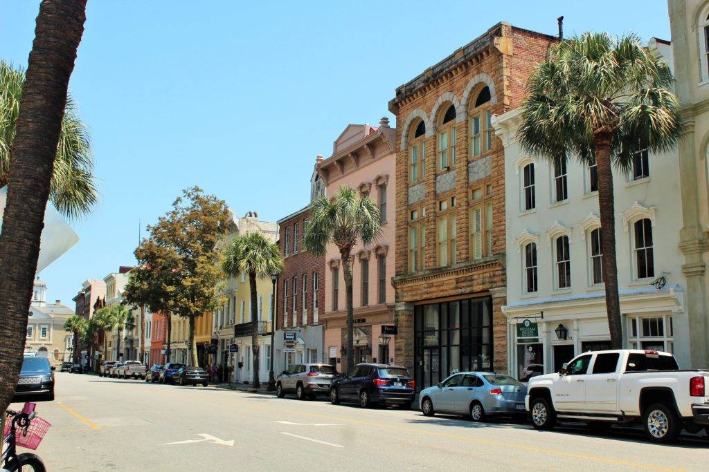 Colorful and historic buildings on Broad Street in Charleston's French Quarter