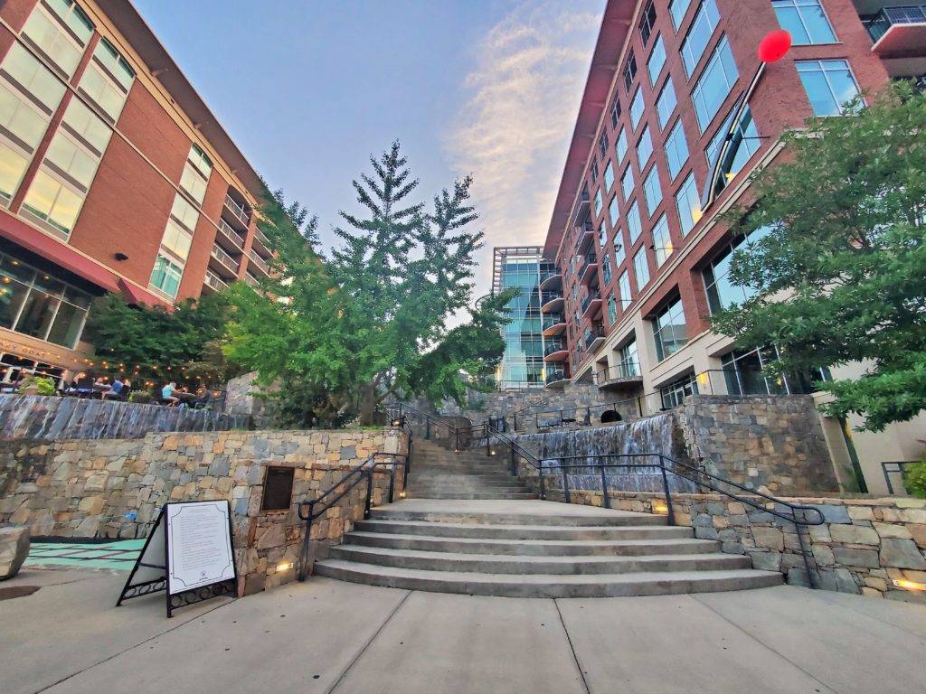 Shopping center with waterfalls and stonework in Greenville, SC