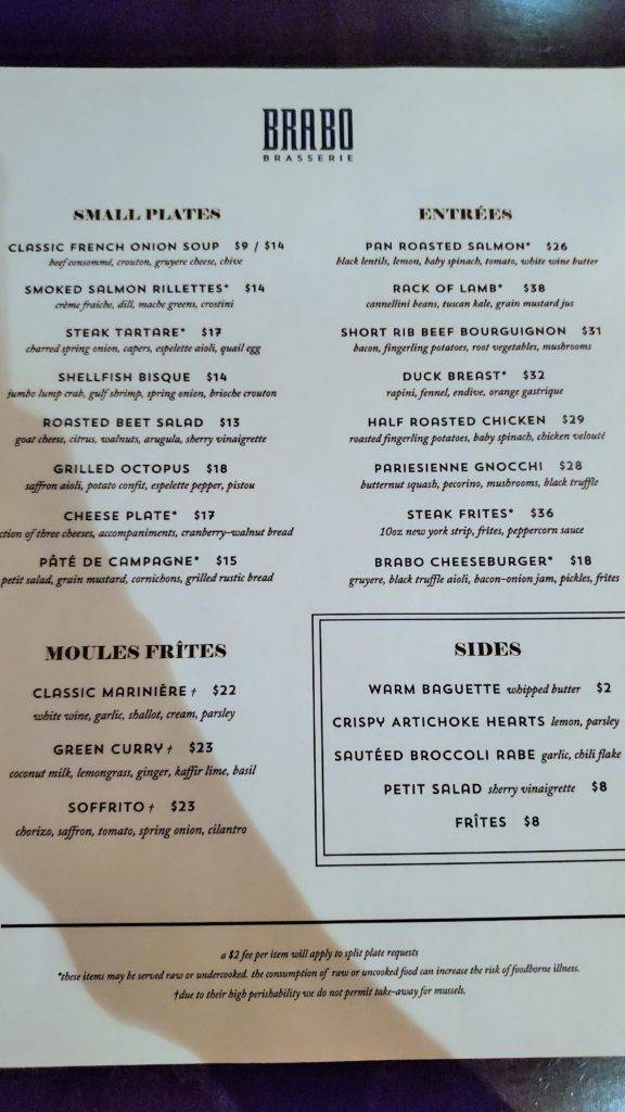 Menu at Brabo Brasserie in Alexandria