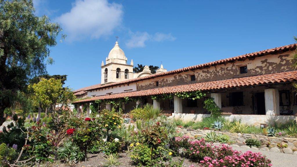 bell tower at the carmel mission and gardens