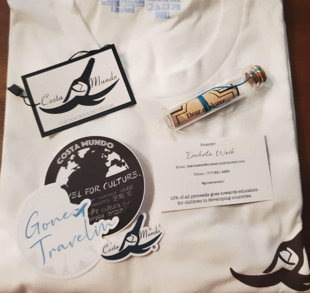 Costa Mundo shirt, stickers, and message in a bottle