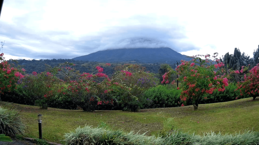 View of La Arenal volcano from montana de fuego resort bungalow 