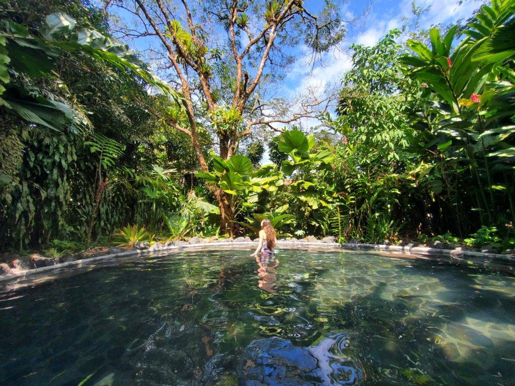 thermal spring with tropical foilage and green waters. montana de fuego