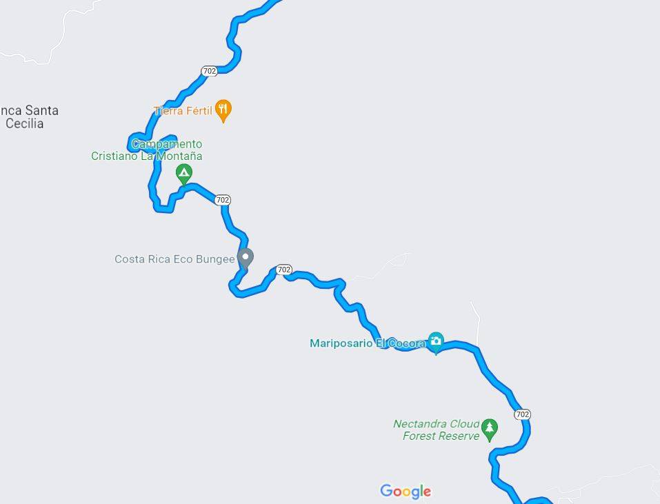 Google map view of a winding road in costa rica