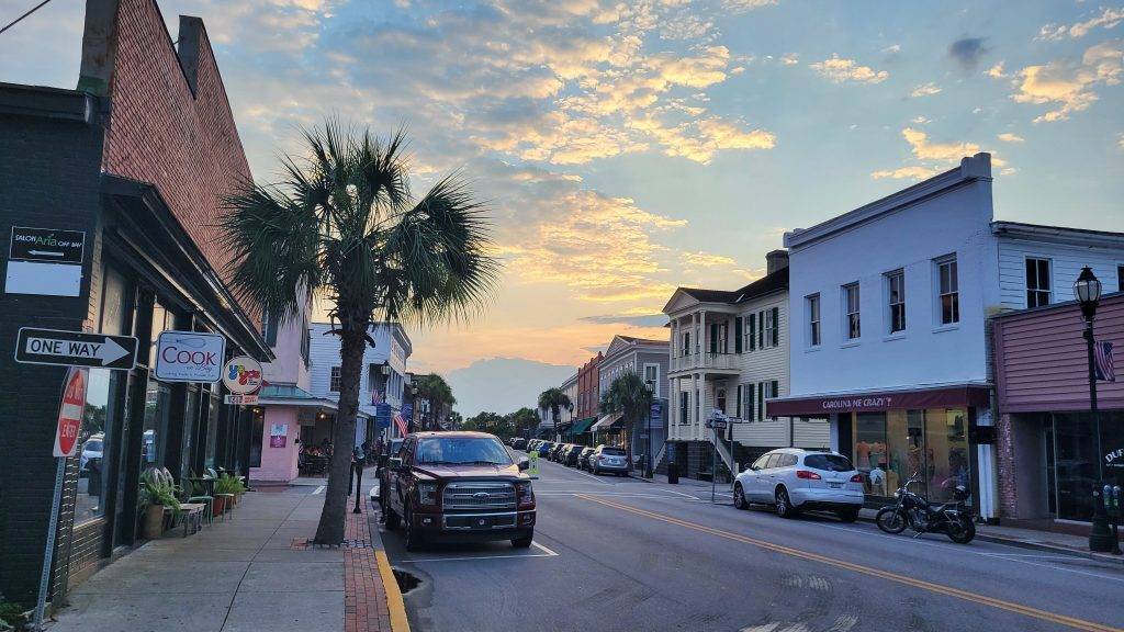 sun setting on a historic street in downtown Beaufort