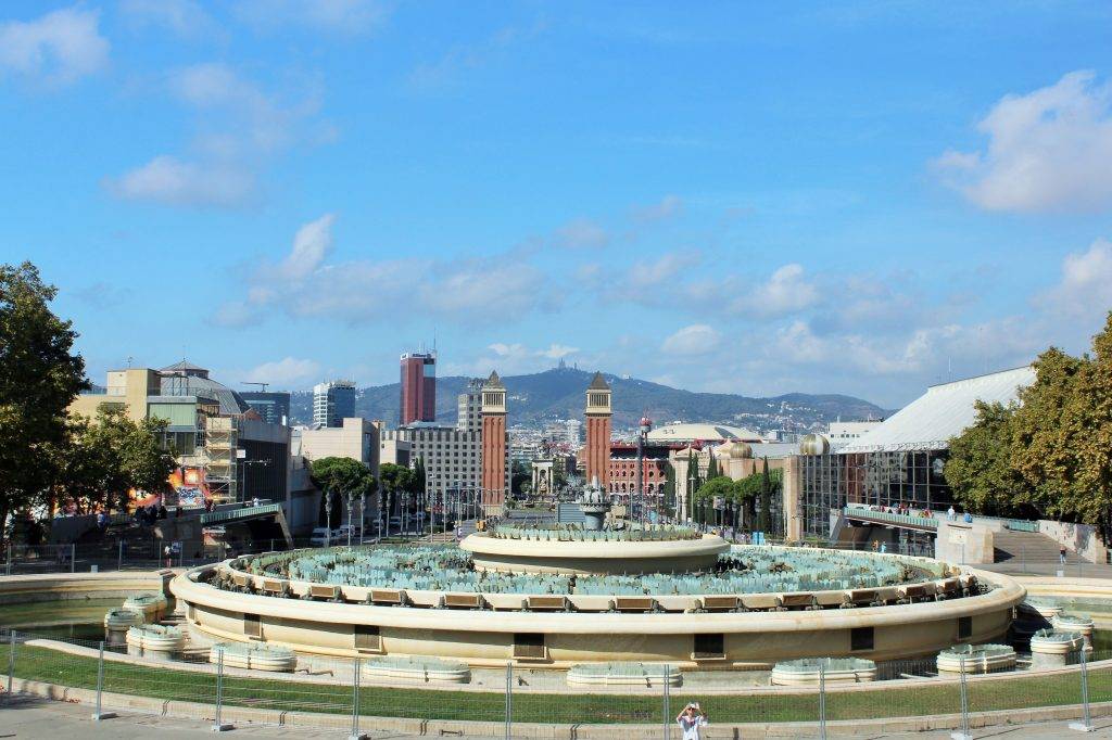 The Magic Fountain and Venetian Towers in Montjuic, Barcelona, Spain