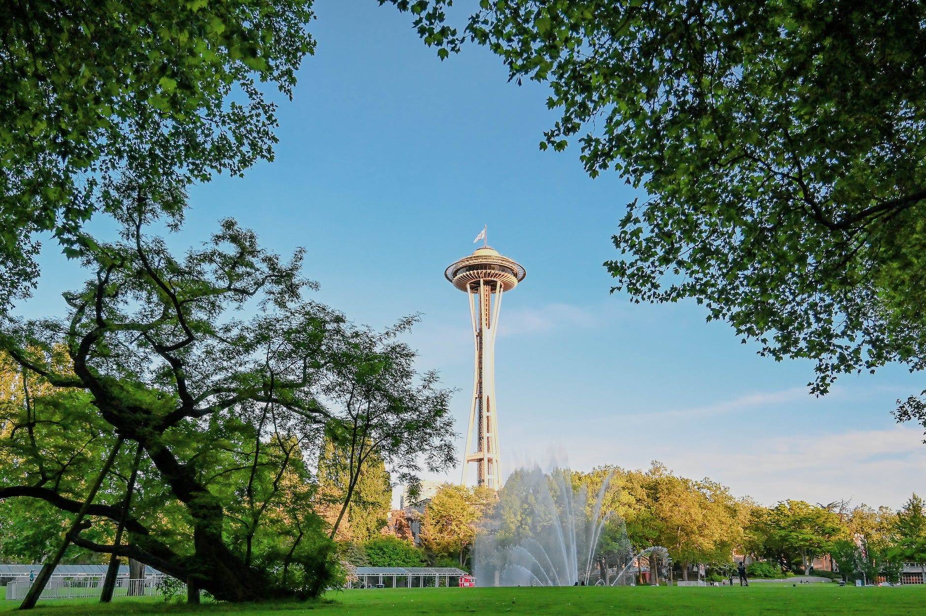 the famous space needle under blue sky in seattle washington united states