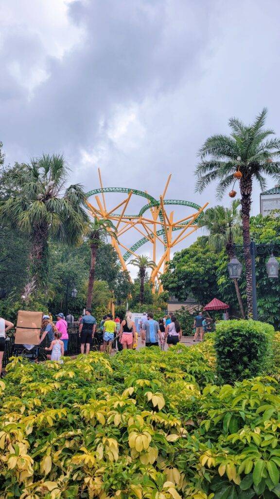 Roller coaster at Busch Gardens Tampa on a cloudy day