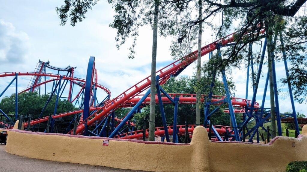 roller coaster at Busch Gardens Tampa on a cloudy day