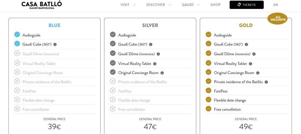 Pricing options for Casa Batllo