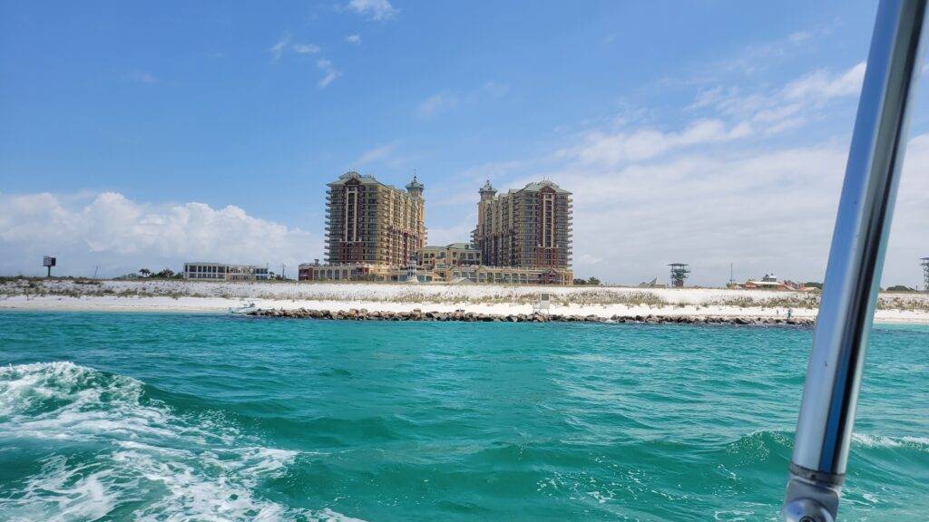 The destin harborwalk from the water