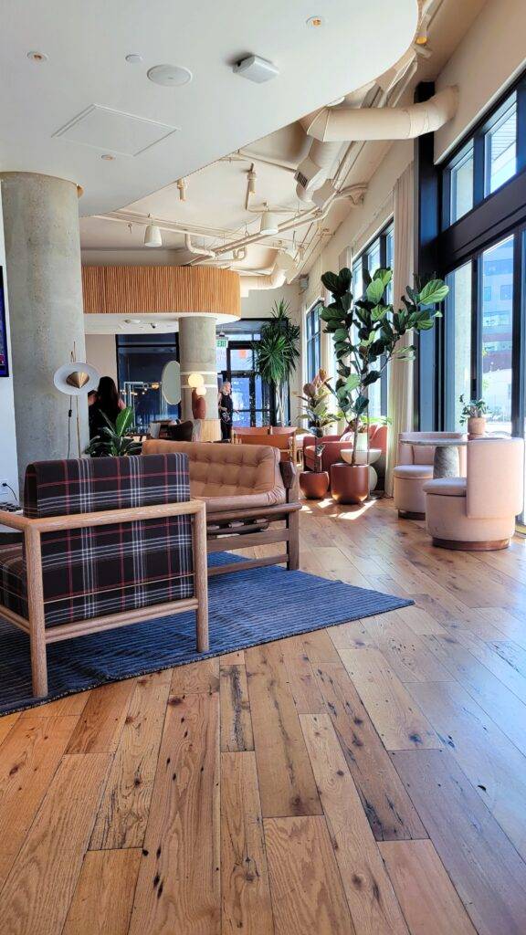 Unique seating areas in the lobby of the Catbird Hotel