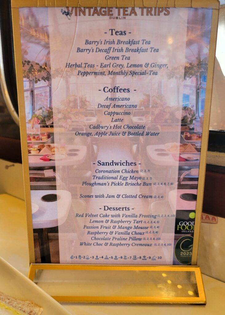 menu for Vintage Tea Trips in Dublin