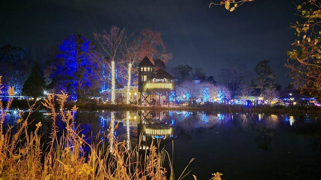 Treehouse across Sydnor Lake during the GardenFest of Lights