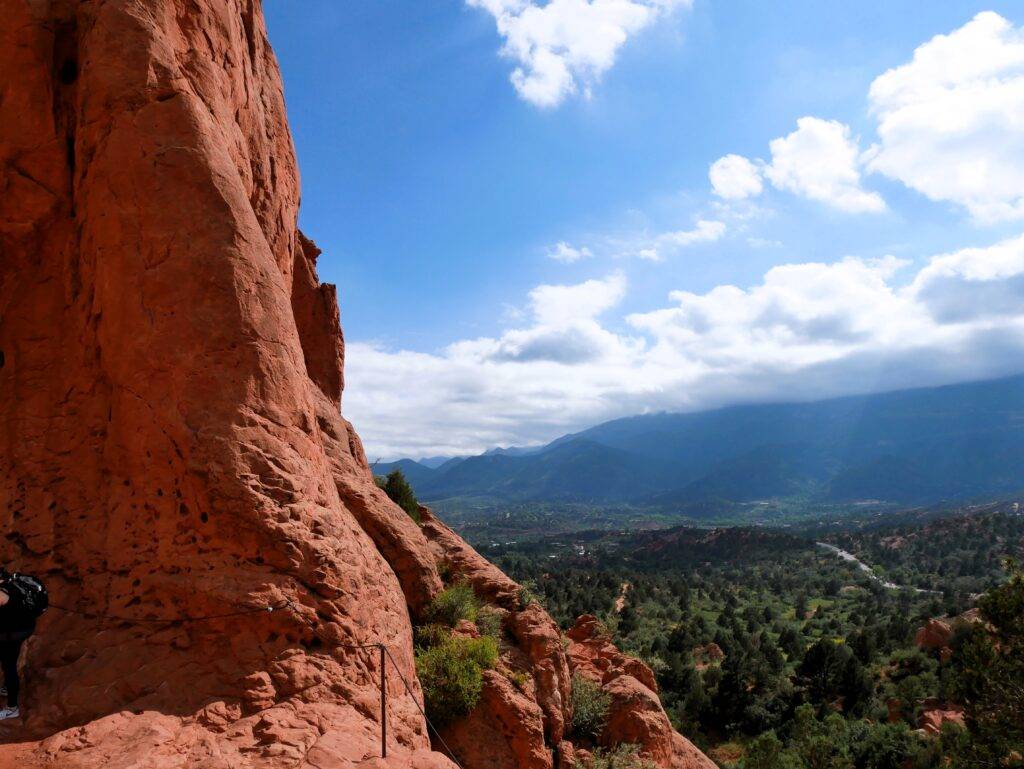 Panoramic view of the Garden of the Gods and mountains beyond