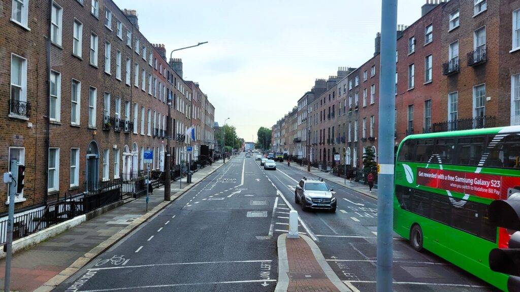 Dublin street from the second story of a Big Bus Tours Bus