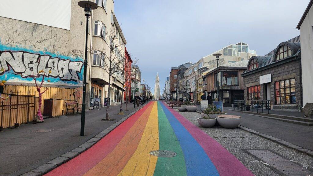 Rainbow Street in Reykjavik looking toward Hallgrimskirkja Church in the distance
