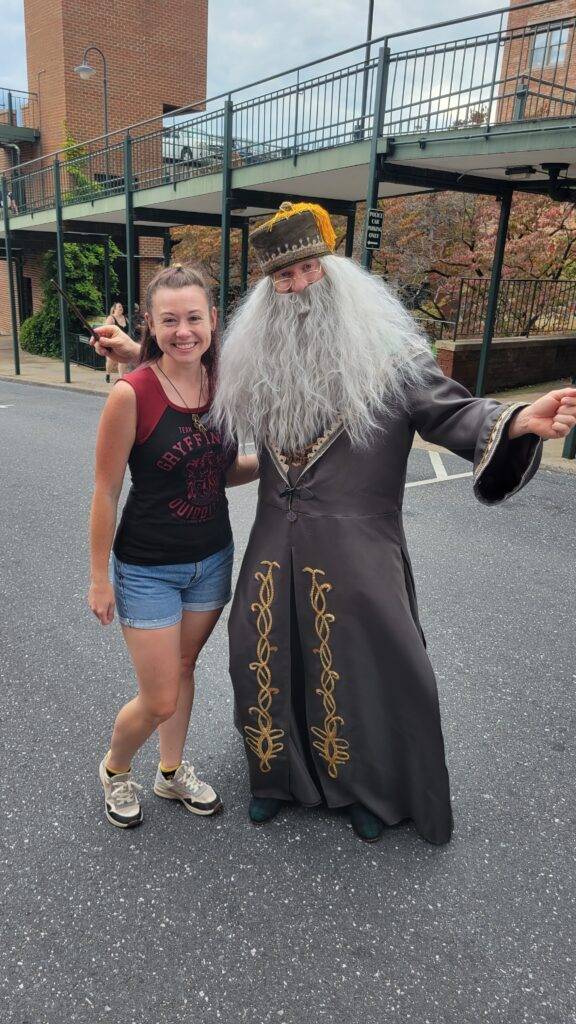 man dressed up as Dumbledore
