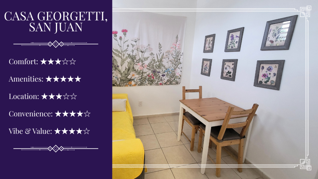 Interior of Casa Georgetti Airbnb in San Juan, Puerto Rico, featuring a small wooden dining table with two chairs, bright yellow sofa, and botanical wall art. Text overlay shows 3-star comfort, 5-star amenities, 3-star location, 4-star convenience, and 4-star vibe and value.