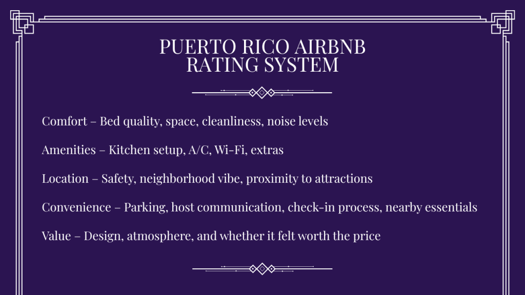 Airbnbs rating system with comfort, amenities, location, convenience, value
